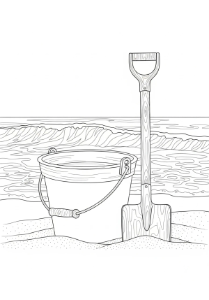 A detailed scene of a bucket and shovel set resting on a sandy beach with gentle waves in the background