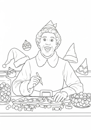 A detailed scene of Buddy the Elf sitting at a candy-filled workshop table, with playful elf hats and Christmas ornaments around him