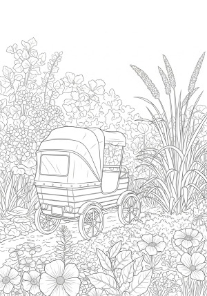 A detailed illustration of a cheerful buggy making its way through a lush garden full of flowers and tall grasses