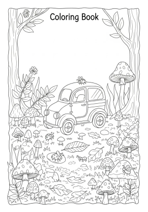 A whimsical scene of a buggy resting on a forest floor surrounded by mushrooms, leaves, and tiny insects
