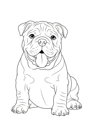 A cute bulldog puppy sitting happily with a playful expression and its tongue sticking out