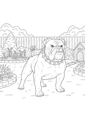A muscular bulldog wearing a spiked collar, standing proudly with a detailed backyard scene in the background