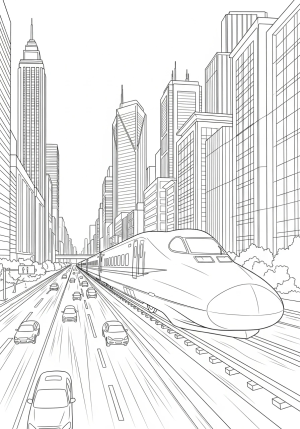 A sleek, futuristic bullet train speeding through a modern cityscape with tall skyscrapers and busy streets.