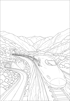 A detailed scene of a bullet train racing across a scenic mountain landscape with tunnels and lush greenery.