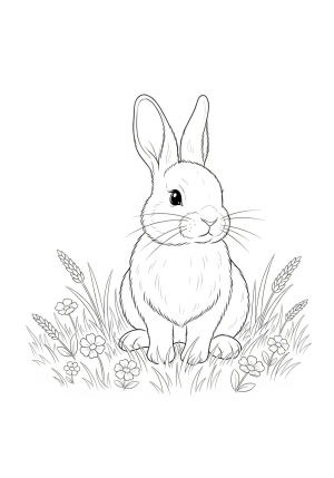 A cute bunny rabbit sitting on a grassy field amidst wildflowers with a gentle breeze rustling its fur.