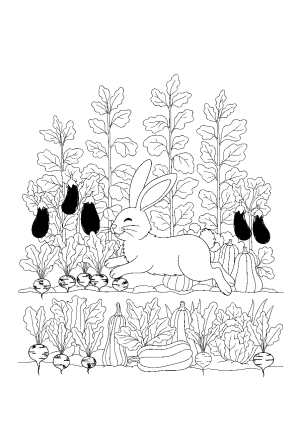 A playful bunny hopping through a garden filled with colorful vegetables and tall leafy plants.