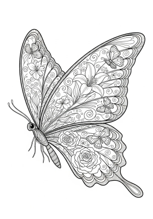 A majestic butterfly with elaborate, lace-like wing designs featuring botanical motifs, surrounded by swirling filigree and nature-inspired details.