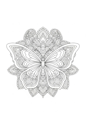 A detailed butterfly mandala featuring layered designs with delicate lines, paisley motifs, and swirling accents around the main butterfly shape