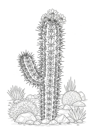 A detailed sketch of a tall, spikey cactus with a few small flowers blooming on its top, surrounded by desert rocks and plants