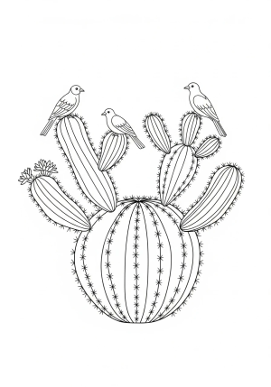 An intricate drawing of a round, ribbed cactus with multiple arms, adorned with tiny thorns and a few desert birds perched on its branches