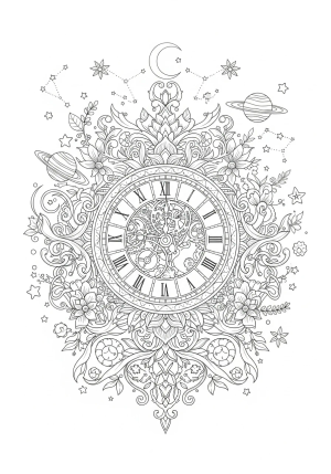 A detailed, whimsical calendar page featuring a large ornate clock surrounded by floral and celestial patterns.