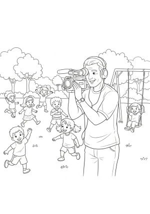 A friendly cameraman wearing headphones and adjusting a handheld camcorder while filming kids playing in a park