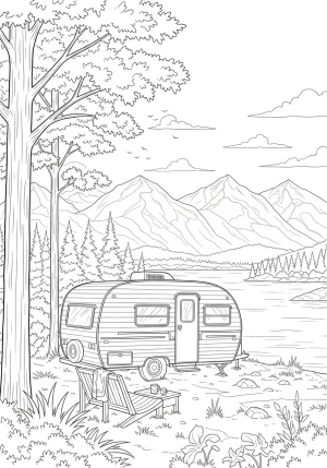 A detailed outdoor scene featuring a cozy camper trailer parked by a scenic lake with surrounding trees and mountains in the background