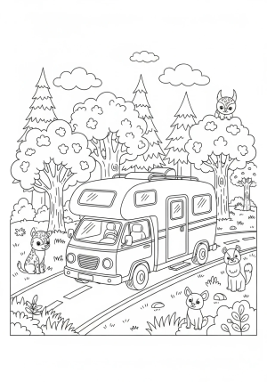 A fun, cartoon-style camper van driving along a winding forest road with cheerful trees and animals nearby