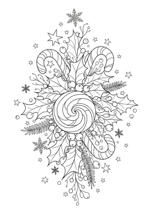 A whimsical scene featuring multiple candy canes intertwined with holly leaves and berries, set against a festive background of stars and snowflakes