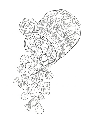 A whimsical assortment of various candies spilling out of a decorative jar with intricate patterns.