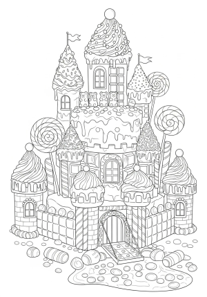 A delightful scene featuring a castle built entirely from candies, with detailed frosting and sweet decorations.