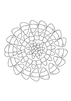 A detailed, decorative pattern featuring multiple candy corn shapes arranged in a festive, swirling design.