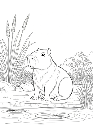 A curious capybara sitting happily by a pond with tall grasses and blooming flowers in the background