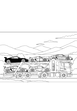 A busy car carrier truck transporting colorful sports cars across a scenic landscape.