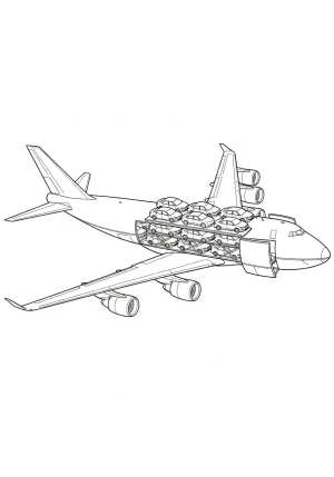 A large car carrier plane flying through the sky, carrying multiple vehicles on its cargo hold.