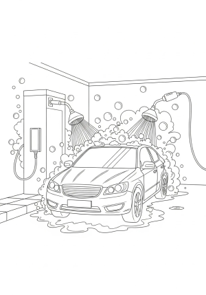 A fun scene of a shiny car parked at a busy car wash station with water spray and soap bubbles around it