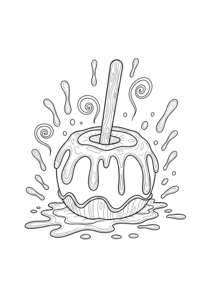 A detailed illustration of a caramel apple with a wooden stick, surrounded by scattered caramel drips and decorative swirls in a whimsical style