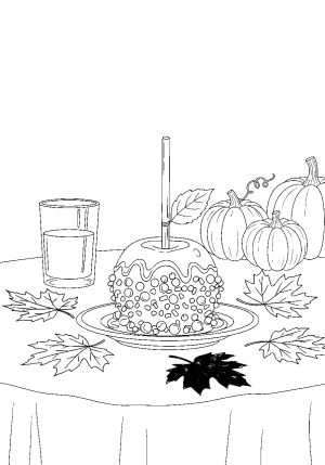 A charming scene featuring a caramel apple on a festive table with autumn leaves, candy toppings, and a cozy background with pumpkins