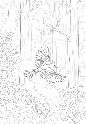 A majestic cardinal flying through a forest scene with tall trees and intricate foliage in the background.