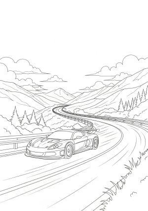 A sleek race car speeding on a curvy mountain road with clouds and trees in the background