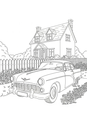 A classic vintage car parked beside a charming countryside cottage with flowers and a picket fence