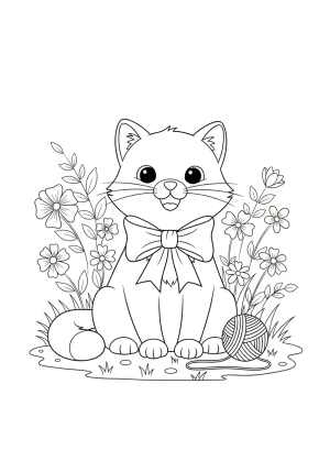 A cheerful cartoon cat wearing a big bow tie and holding a ball of yarn, sitting happily on a patch of grass with flowers around it