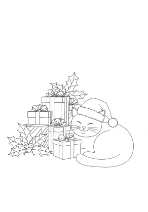 A cozy scene of a cat wearing a santa hat, curled up beside a pile of wrapped Christmas presents and holly leaves