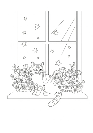 A playful tabby cat sitting on a windowsill with flowers outside, surrounded by whimsical stars