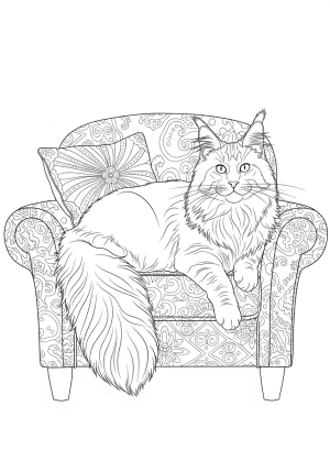 A majestic Maine Coon cat lounging on a cozy armchair with intricate patterns in the background