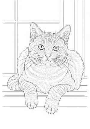 A highly detailed realistic cat lounging on a windowsill with intricate fur textures and lifelike eyes.