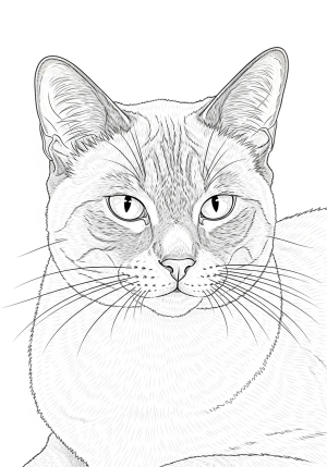 A close-up of a realistic adult cat sitting gracefully with detailed fur patterns and expressive eyes, capturing the natural texture and detail of feline features.