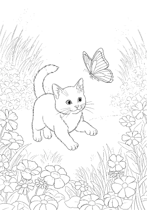 A playful kitten chasing a butterfly through a garden filled with flowers and tall grass