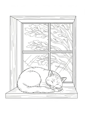 A cozy scene of a sleeping cat curled up on a windowsill with a view of trees outside
