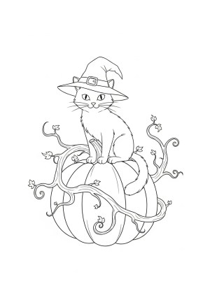 A mischievous cat wearing a witch's hat sitting atop a pumpkin with spooky vines curling around it
