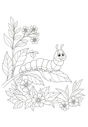 A playful caterpillar crawling on a leafy branch with detailed foliage and flowers around it.