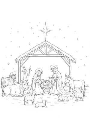 A peaceful nativity scene featuring Mary, Joseph, and the baby Jesus in a manger, surrounded by gentle animals and a starry night sky