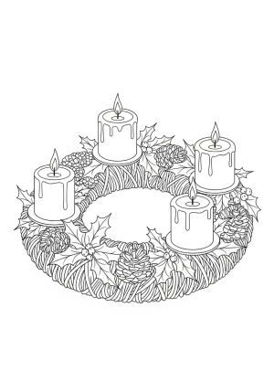 An ornate Advent wreath with four candles, decorated with holly and pinecones, set against a simple background