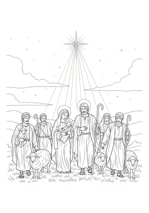 A detailed depiction of the Holy Family walking with the shepherds and guiding star in a peaceful night sky