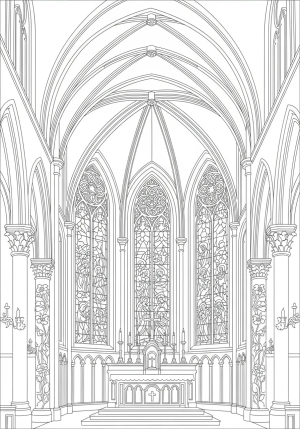 A serene depiction of a Catholic chapel interior with intricate stained glass windows and a lit candle altar, surrounded by detailed floral designs