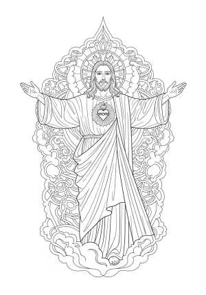 An elaborate image of Jesus Christ with outstretched arms, surrounded by a decorative sacred heart motif and ornate heavenly patterns