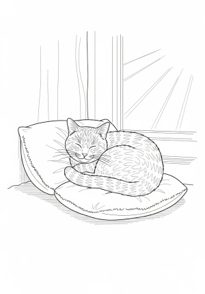 A cozy cat curled up on a fluffy pillow in a sunlit room with a gentle, peaceful expression