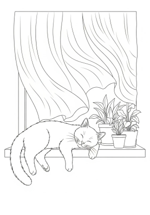 A sleepy cat stretched out on a windowsill with curtains flowing softly behind and a few potted plants nearby