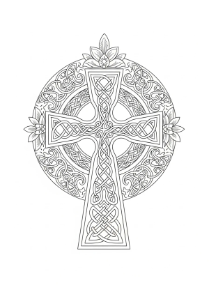 Elegant Celtic cross surrounded by swirling knot patterns and floral elements, with complex interlacing designs filling the composition