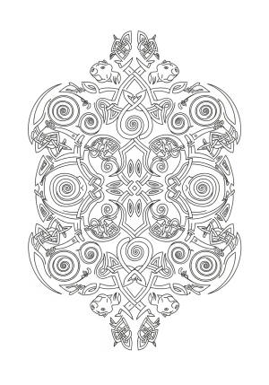 Intricate Celtic knotwork intertwined with spirals and stylized animal motifs, showcasing symmetrical patterns and detailed line work